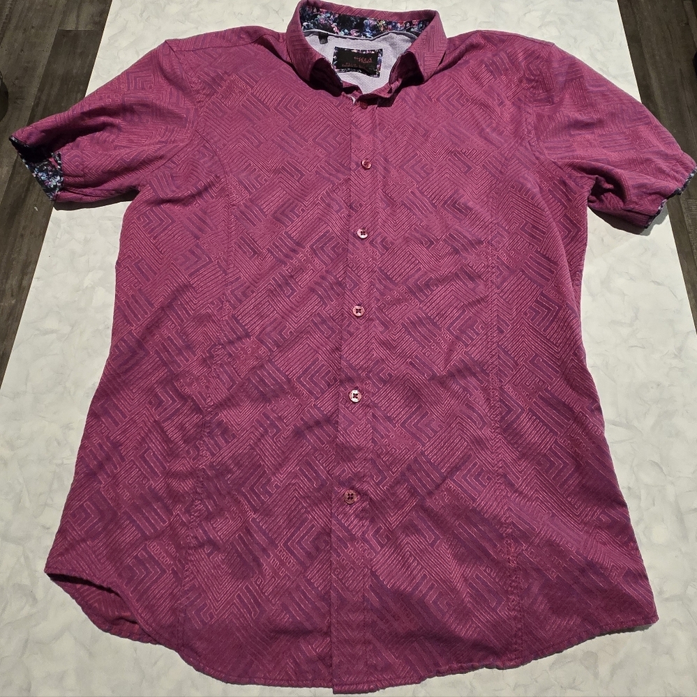 Eight X Premium Buckle Men's Fuchsia Short Sleeve Dress Shirt Patterned Cuffs